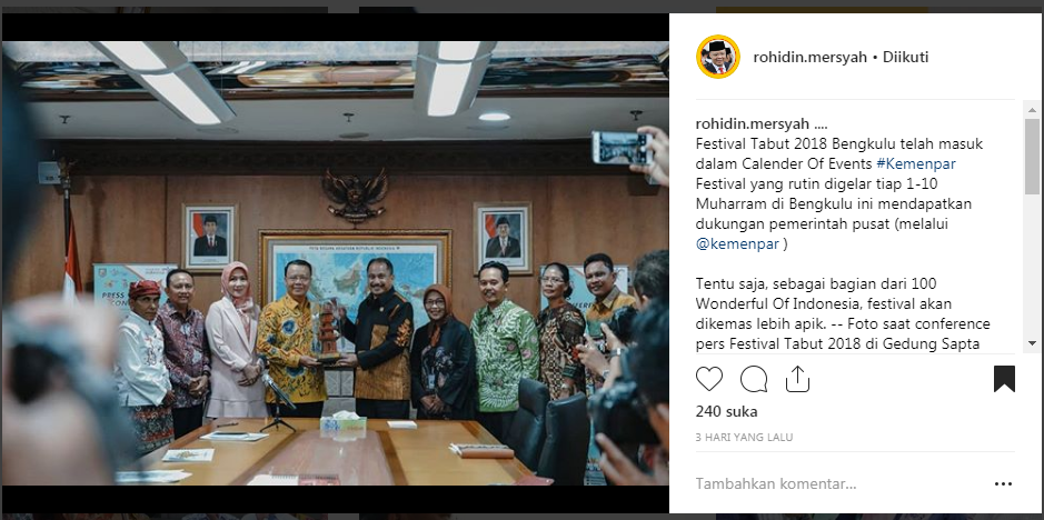 Festival Tabut 2018, Rohidin Mersyah Targetkan 2.000 Wisatawan Asing