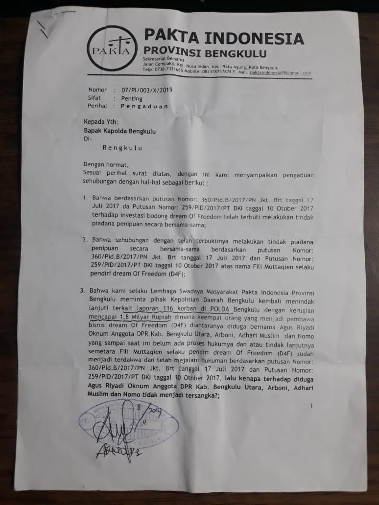 D4F Kembali Disoal, Pakta Indonesia Laporkan Anggota DPRD Bengkulu Utara