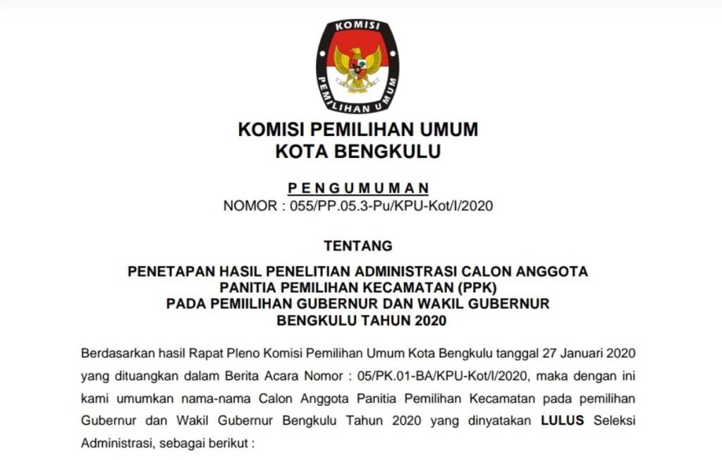 KPU Kota Umumkan Calon PPK Lulus Administrasi, Berikut Daftarnya