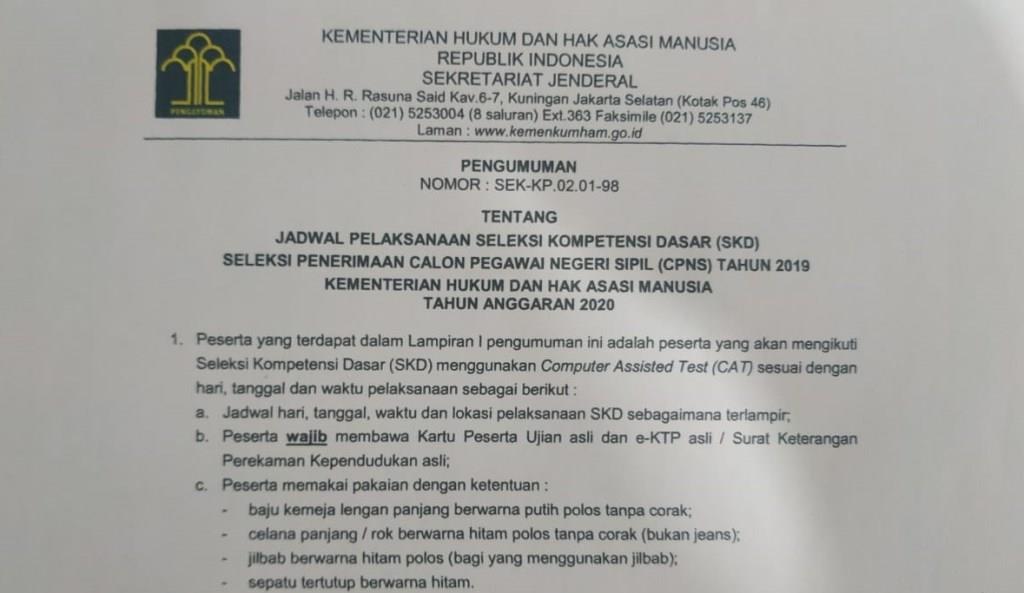 Kemenkumham Rilis Jadwal dan Lokasi SKD CPNS 2019, Bengkulu di Hotel Horizon