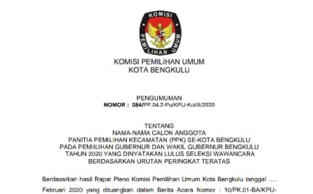 KPU Kota Umumkan 45 Orang PPK Terpilih