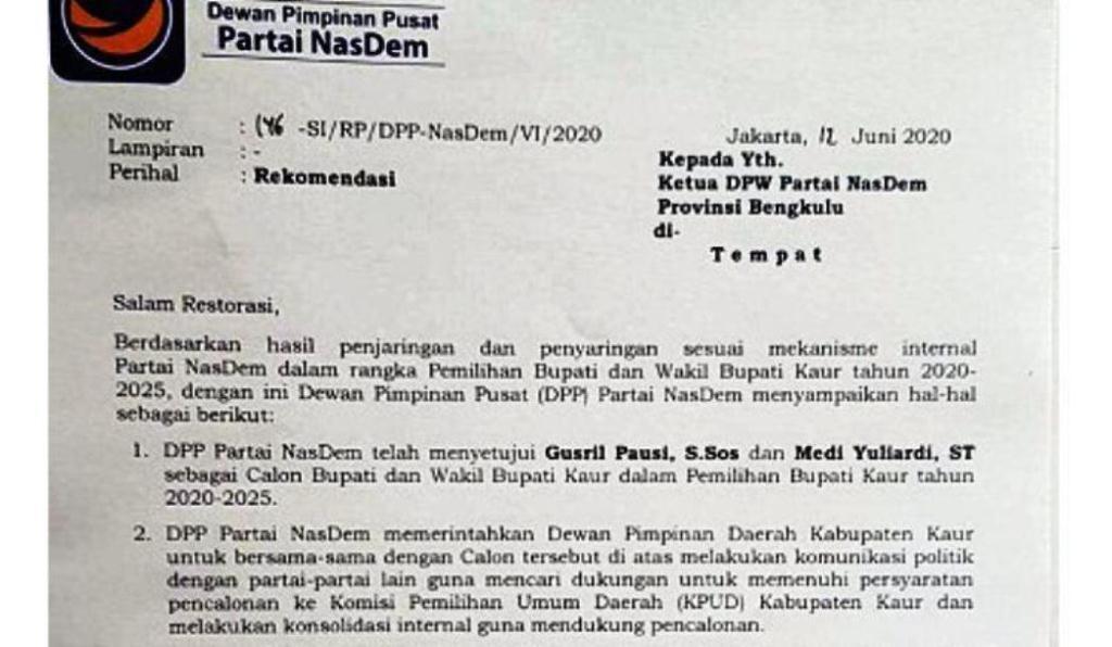 Tak Diusulkan, Rekom Nasdem untuk Petahana Kaur Dipertanyakan