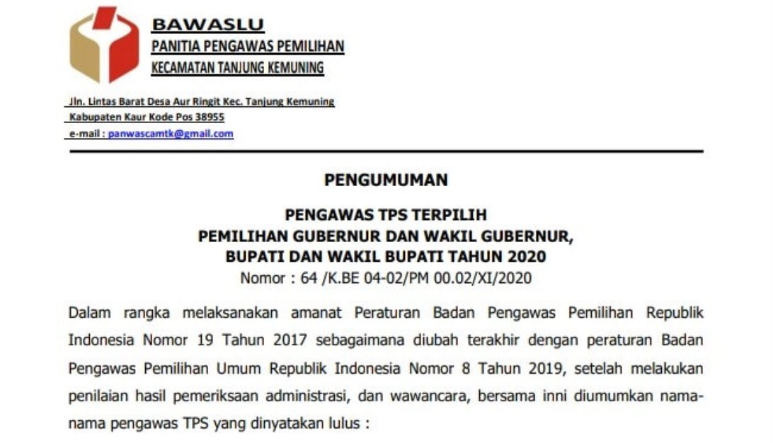 Panwascam Tanjung Kemuning Umumkan 28 Nama Terpilih Pengawas TPS