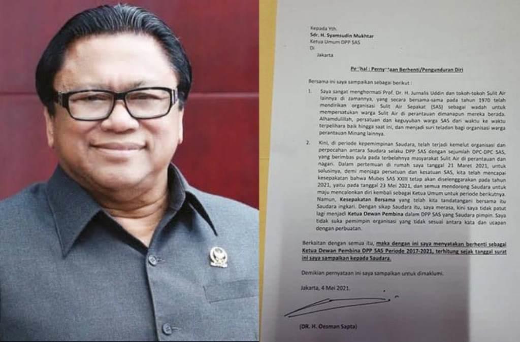 Kemelut Organisasi Berkepanjangan, Oesman Sapta Mundur dari SAS