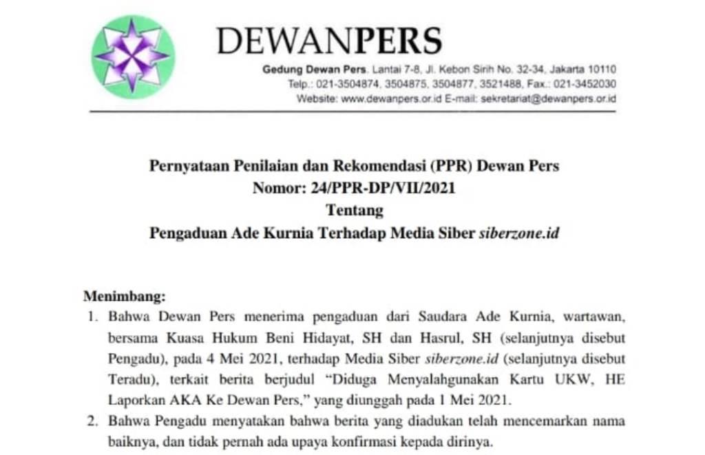Dewan Pers Nyatakan Siberzone.id Langgar Kode Etik Jurnalistik