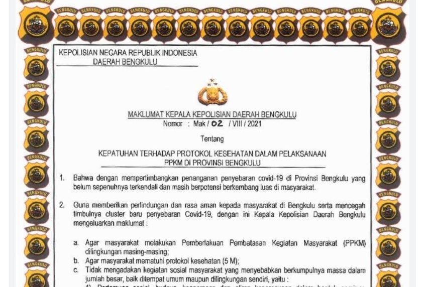 Kapolda Bengkulu Keluarkan Maklumat Kepatuhan Prokes Selama PPKM