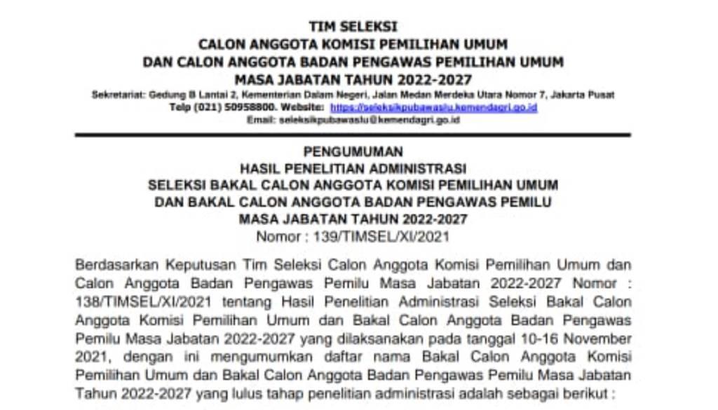 5 Orang Asal Bengkulu, Timsel Umumkan Calon Anggota KPU dan Bawaslu RI Lolos Seleksi Administrasi