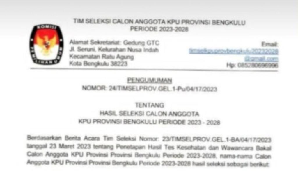 Berikut 10 Nama Calon KPU Provinsi Bengkulu, 2 Petahana Gugur