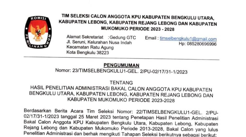 Daftar Nama Calon KPU Kota dan Kabupaten di Provinsi Bengkulu