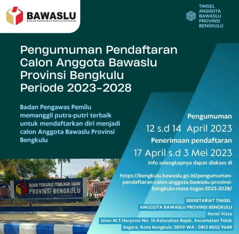 Pendaftaran Calon Anggota Bawaslu Provinsi Bengkulu Dibuka, Cek Syaratnya!
