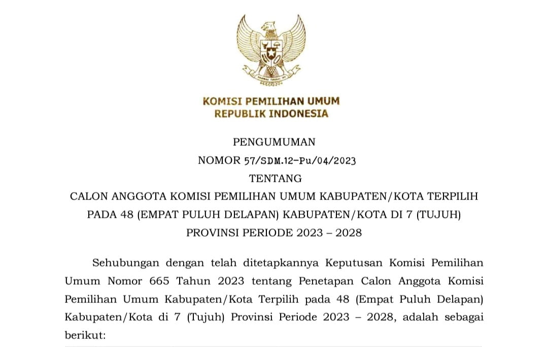 Pengumuman Anggota KPU Kabupaten/Kota di Bengkulu Terpilih