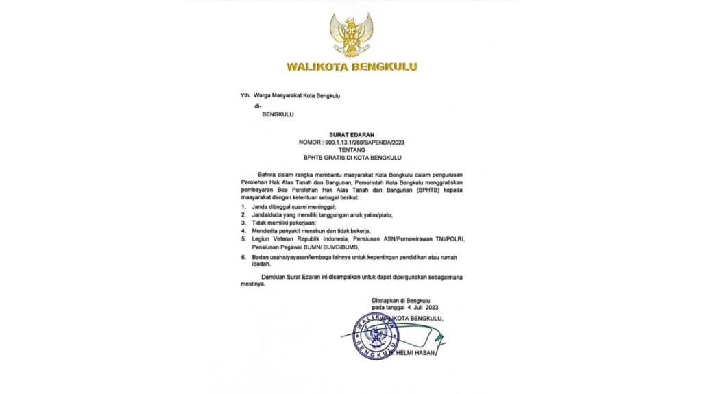 Pemkot Keluarkan SE Gratiskan BPHTB untuk Warga, Catat Kategorinya