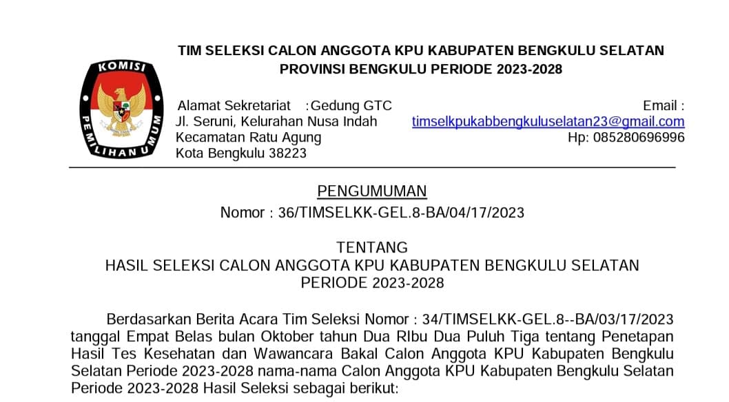 Pengumuman 10 Besar Calon KPU Bengkulu Selatan