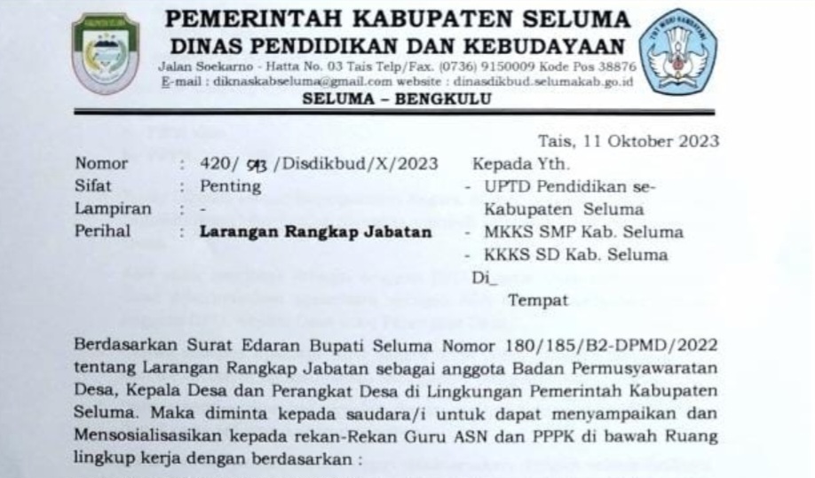 Bupati Seluma Keluarkan SE Larangan Rangkap Jabatan bagi ASN, Perangkat Desa hingga Anggota BPD