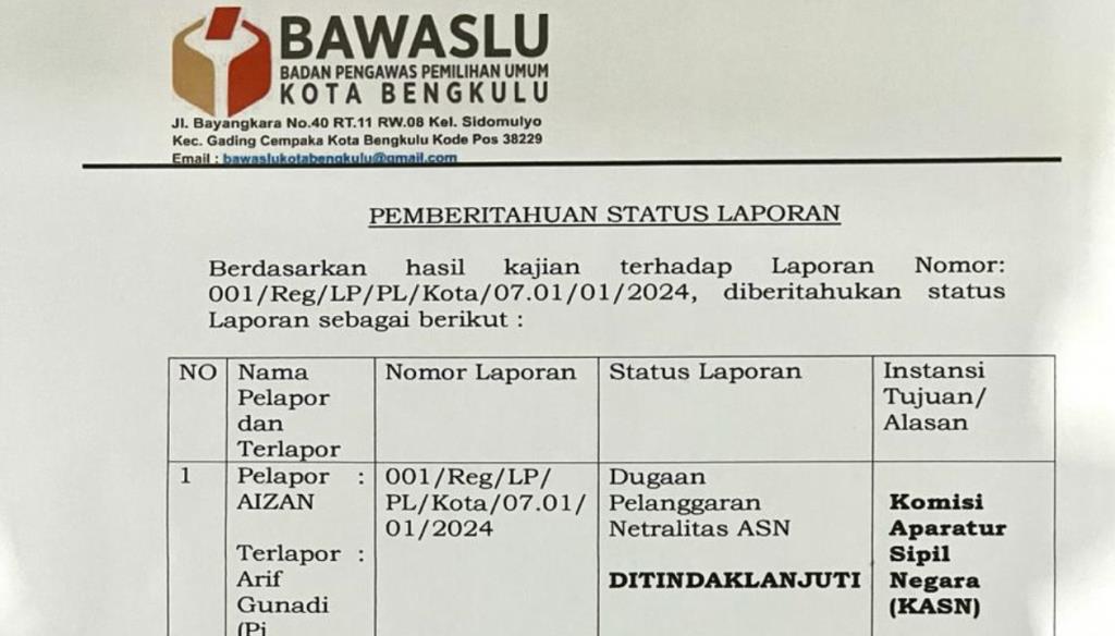 Kasus Netralitas ASN Pj Wali Kota Bengkulu Bergulir ke KASN