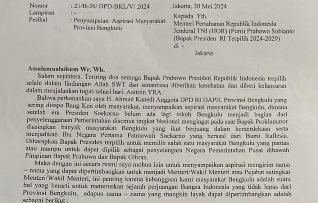 14 Tokoh Bengkulu Diusulkan Calon Menteri Prabowo