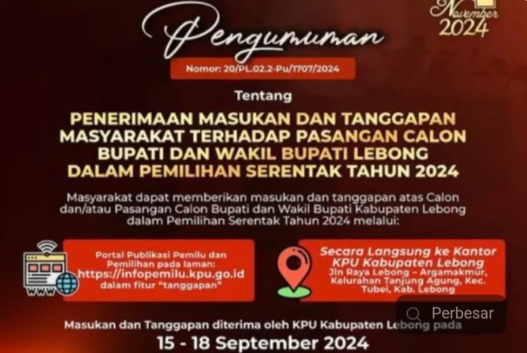 KPU Lebong Umumkan Masa Tanggapan Bakal Calon Bupati dan Wabup