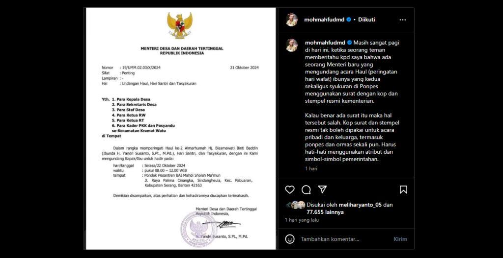 Pakai Kop Kementrian untuk Acara Keluarga, Yandri Langsung Jadi Sorotan