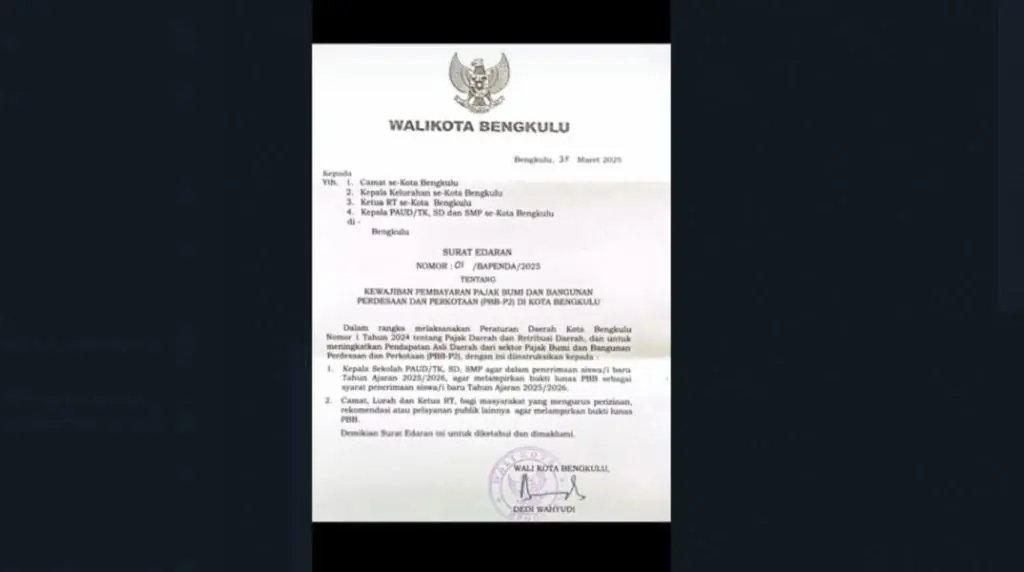 Wali Kota Bengkulu Syaratkan Penerimaan Siswa Baru Lunas PBB