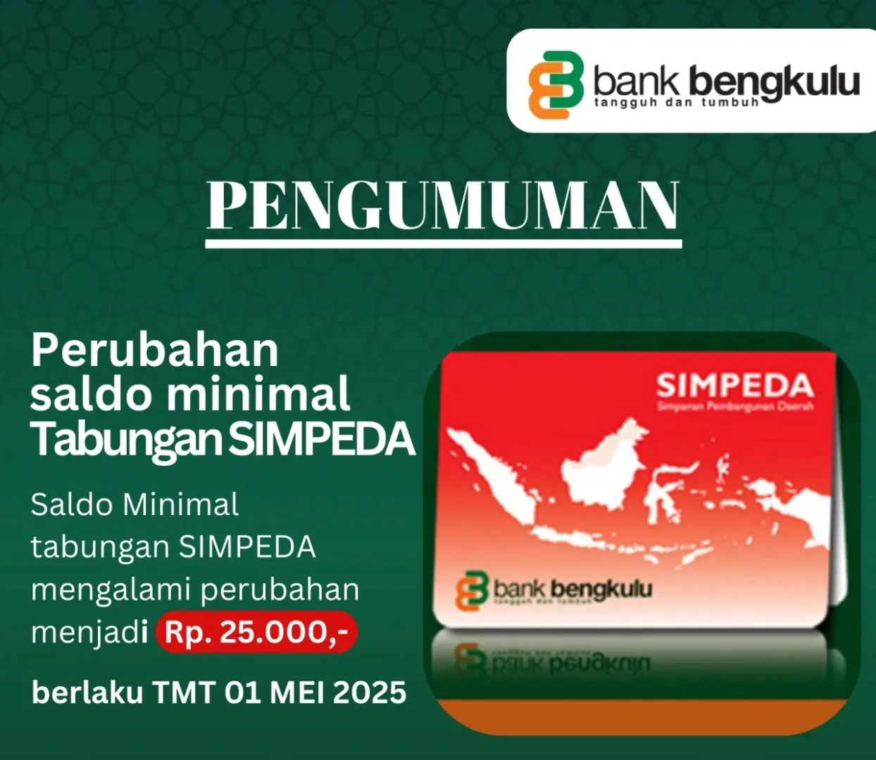 Mulai 1 Mei Saldo Minimum Rekening Bank Bengkulu Turun Jadi Rp 25 Ribu