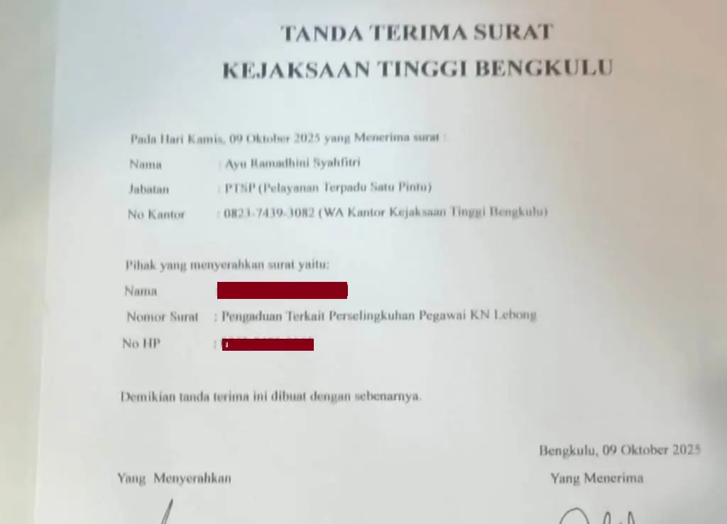 Diduga Selingkuh dengan Istri Orang, Oknum Pegawai Kejari Lebong Dilapor ke Kejati Bengkulu