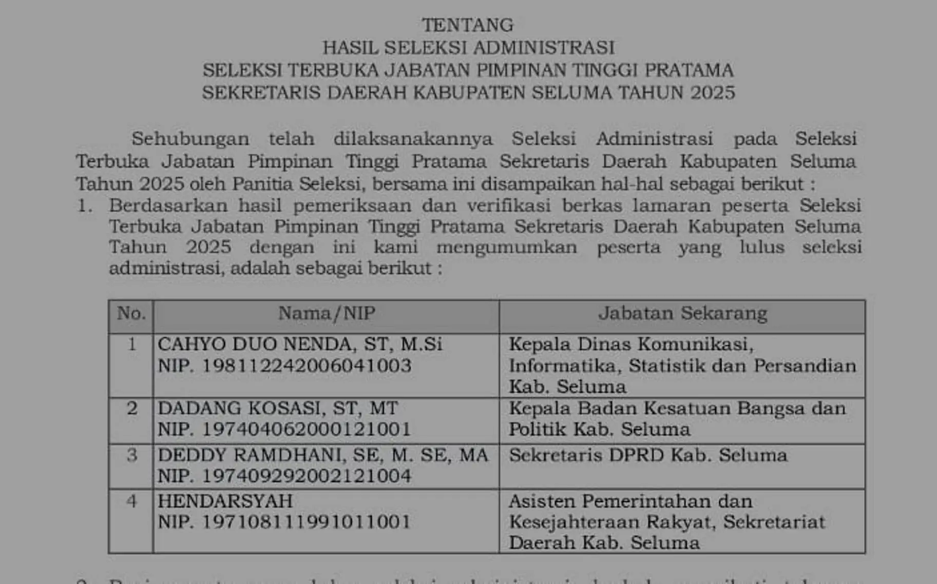 Seleksi JPT Sekda Seluma Saring Empat Calon, Nama Deddy Ramdhani dan Cahyo Duo Nenda Diunggulkan