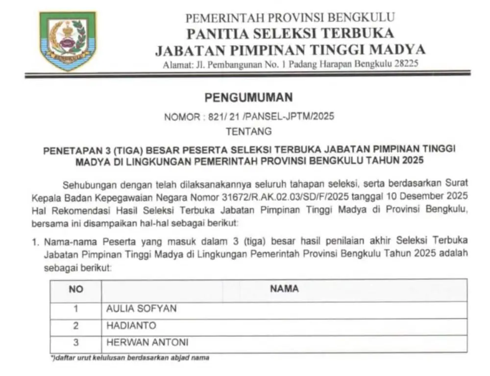 Timsel Umumkan Tiga Besar Calon Sekda Provinsi Bengkulu Bengkulu