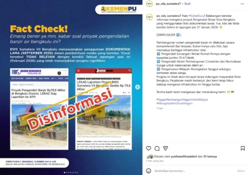 Cap Hoaks ke Media, JMSI Bengkulu Desak BWSS VII Segera Cabut Unggahan dan Minta Maaf